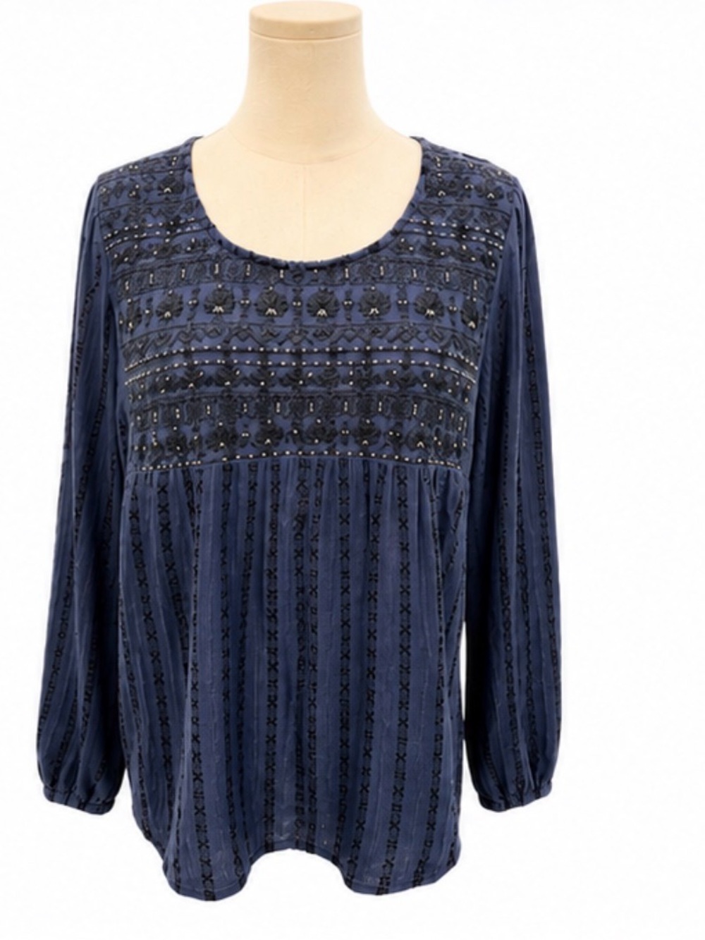 Lucky Brand XL Navy Blue Embroidered Long Sleeve Blouse Metallic Beaded Detail